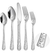A · HOUSEWARE Floral Silverware Set 6 Silvery Flatware Stainless Steel with Delicate Engraved Ros...