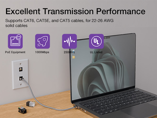 keyston jacks support PoE, cat6 cat5e cat5 cables for 22-26AWG soild cables