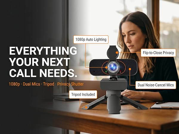 "webcam with tripod" / "dual mic webcam" / "privacy shutter webcam" / "1080p webcam"