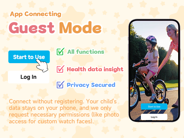 App interface showcasing 'Guest Mode' feature with 'Start to Use' button. Highlights include all functions, health data insight, and privacy. Smartphone displays cycling app with child on bike.