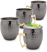 K&K Home Black Moscow Mule Mugs - 17oz Hammered Black Cups with Stainless Steel Lining - Set of 4...