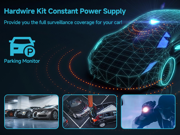Car surveillance system advertisement. Shows parking lot, car interior, and futuristic car outline. Text reads 'Hardwire Kit Constant Power Supply' and 'Parking Monitor'.