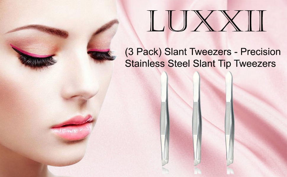 LUXXII (3 Pack) Slant Tweezers - Precision Stainless Steel Slant Tip Tweezers Hair Plucker for Hair