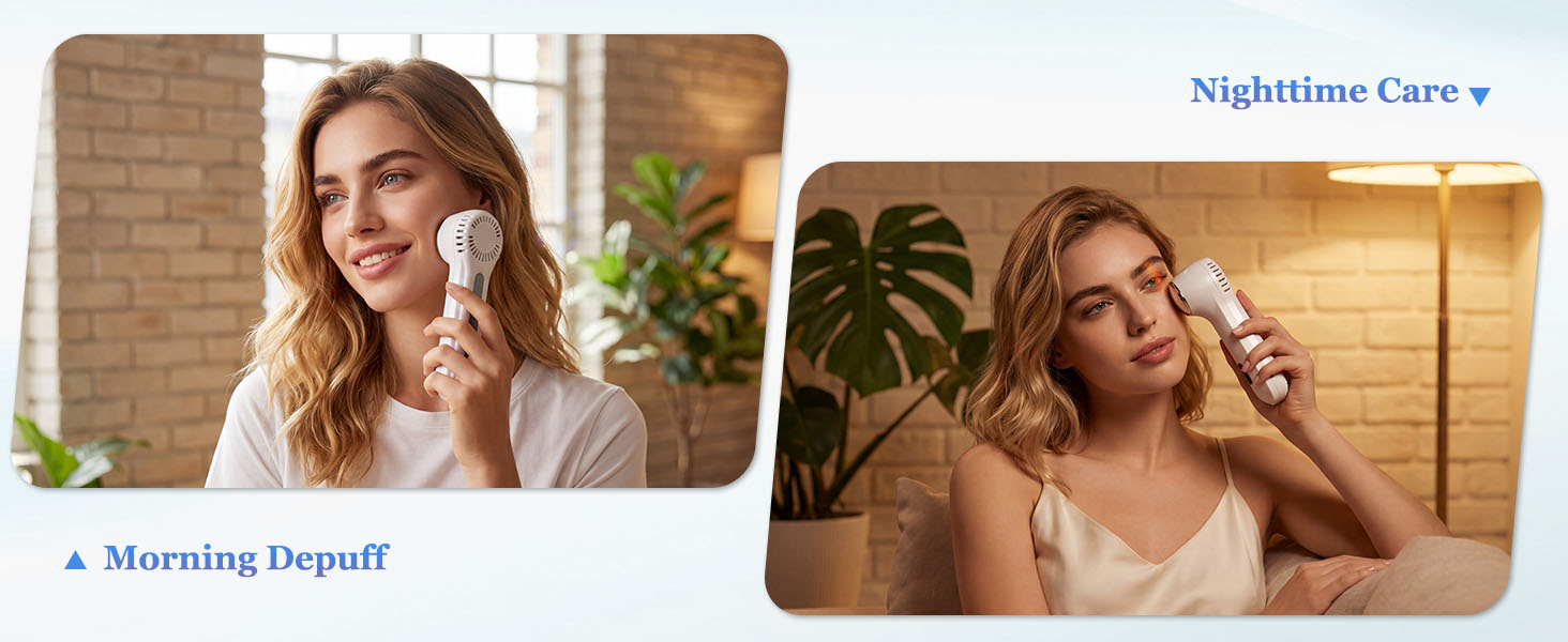 Split image showing a women using facial devices for morning depuff and nighttime skincare.