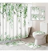 CedarShin 16 Pcs Sage Green Eucalyptus Shower Curtain Set with Rugs | Botanical Leaf Bath Curtain...