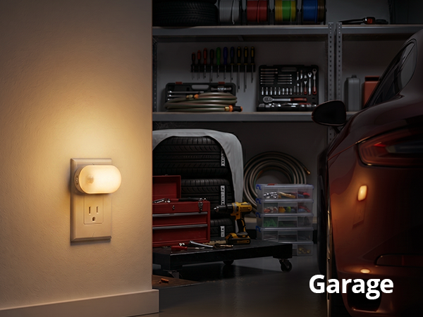 Ultra-bright 120LM plug-in night light for a dark garage.