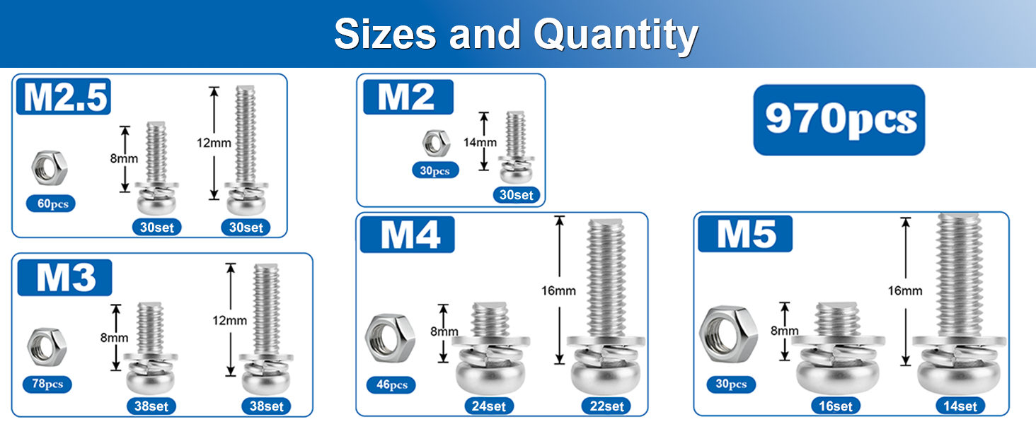 970 Pcs 304 Stainless Steel M2 M2.5 M3 M4 M5 Phillips Pan Head Bolts Assortment Kit