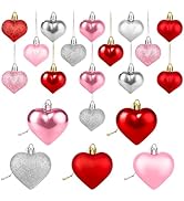 Valentines Heart Shaped Ornaments 20 Pcs, Red Pink Silver Glitter Hanging Decorations for Christm...
