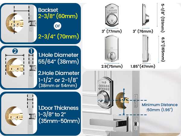 it fits doors with 38mm or 54 mm door holes, 60/70 mm backset, and 35–50 mm door thickness