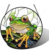 DASTOLL Stained Glass Window Hanging, Green Frog White Petals Sun Catchers Colorful Glass Panel C...