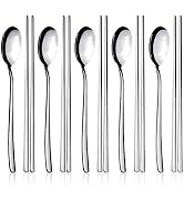 IQCWOOD Spoons and Chopsticks Set, 5 Pairs Stainless Steel Flat Chopsticks, 5 Set Korean Spoons, ...