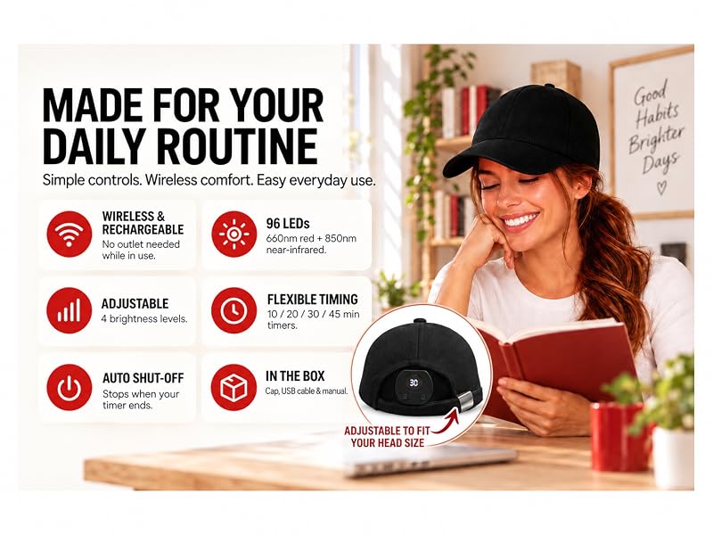 Woman reading in a cordless red light cap, with LED, timer and adjustable-fit features shown.