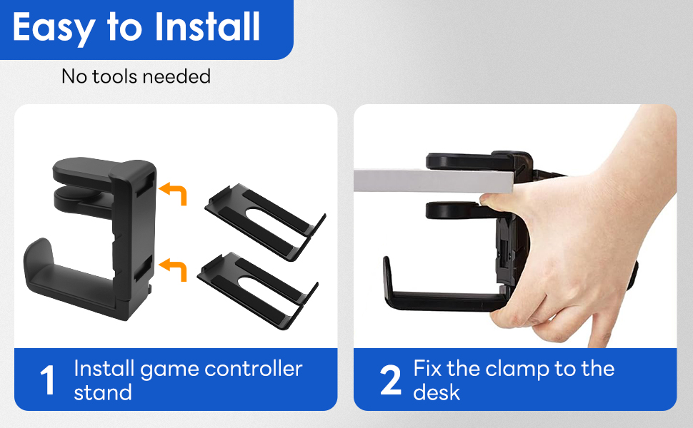 Text reads 'Easy to Install'. Installation sequence showing game controller mount being attached using clamps, with step-by-step visual instructions.