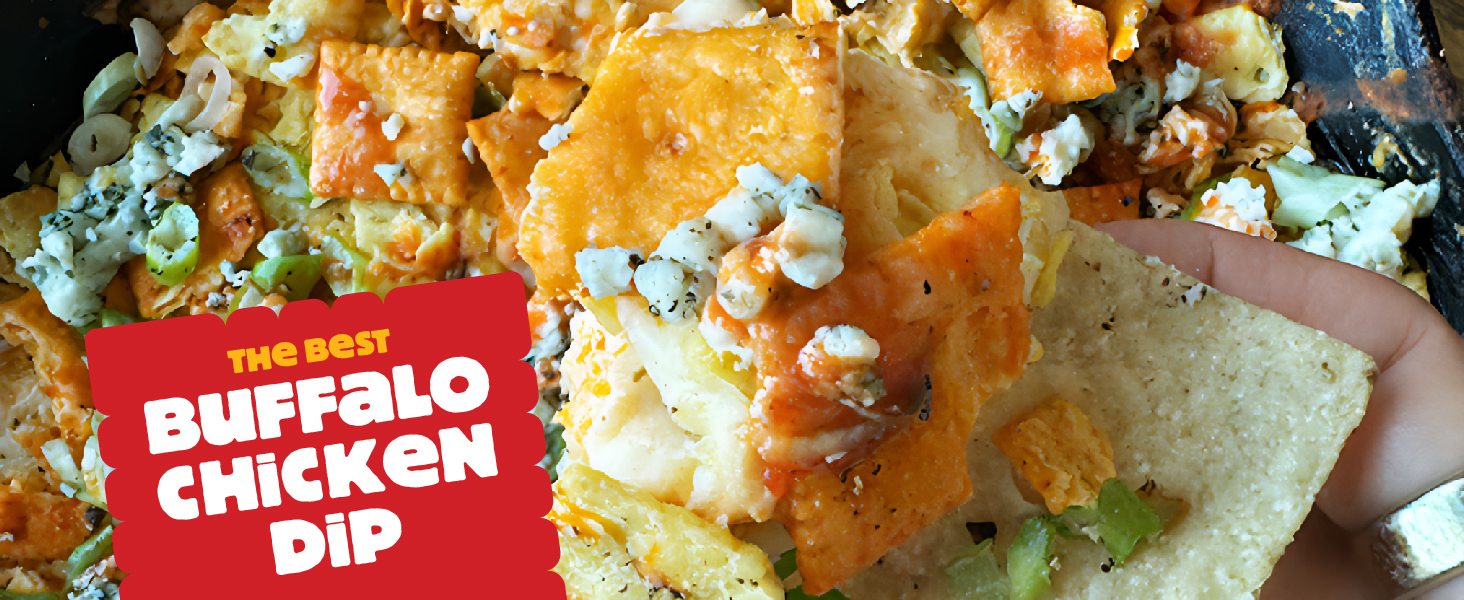 Close up of buffalo chicken dip made with Cheez-It crackers, The Best Buffalo Chicken Dip