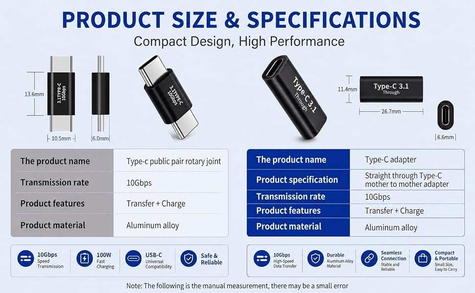 Type-C adapter 10Gbps data transfer 100W fast charging aluminum alloy compact design