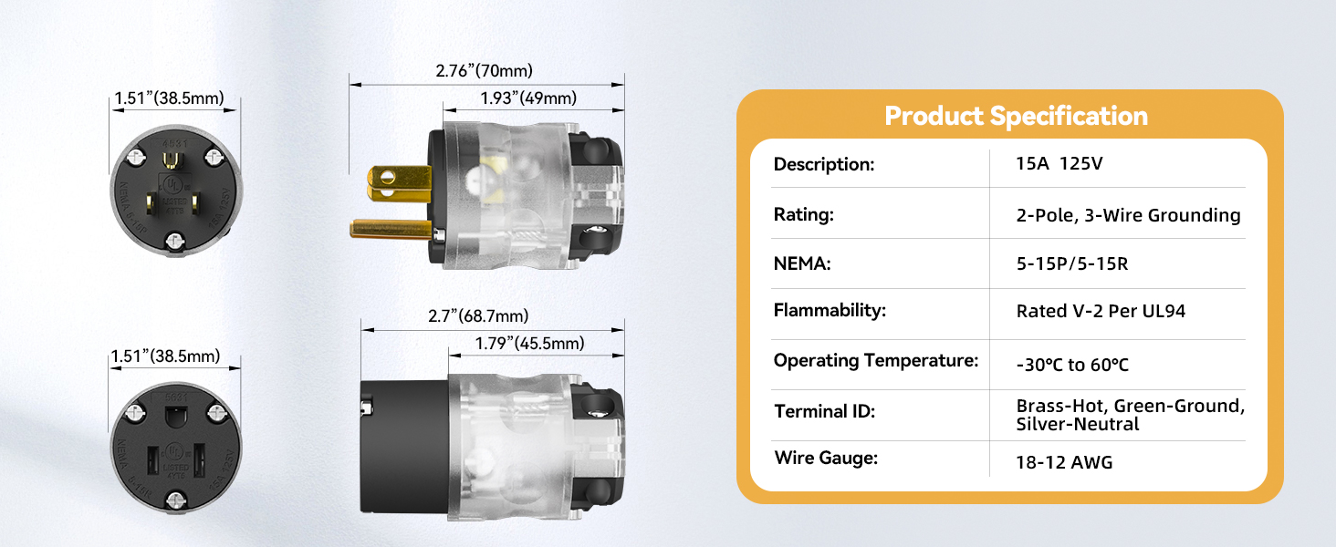 plug and connector 15amp 2pole wire grounding