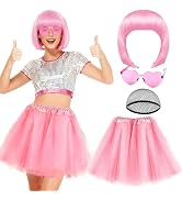 PLULON Pink Bob Wig Tutu Heart Sunglasses for Women Costume, Colorful Party Bob Wigs 80s Tulle Tu...