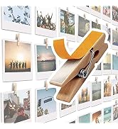 20 Pack Self Adhesive Clips for Pictures - Beige Wood Clip Photo Holders for Wall, Poster Hanger,...