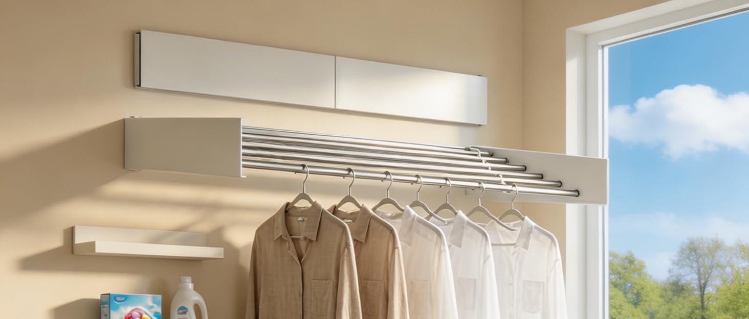 A clean laundry room wall with white subway tiles and natural light streaming in from a nearby windo