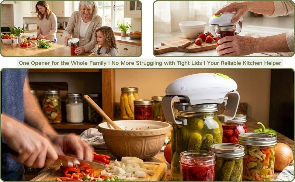 Automatic electric can opener, family kitchen application with senior friendly design