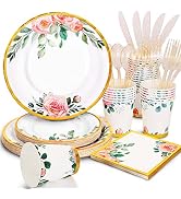 Gudvilla 168PCS Floral Plates and Napkins Party Supplies,Vintage Floral Paper Plates Set With Gol...