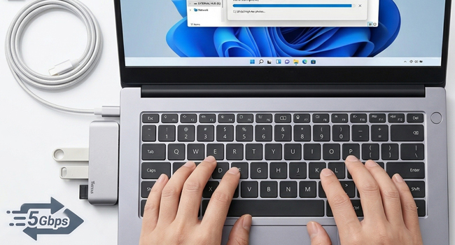 Supporting transfer speeds up to 5Gbps through USB 3.0. 4 ports that can be used simultaneously