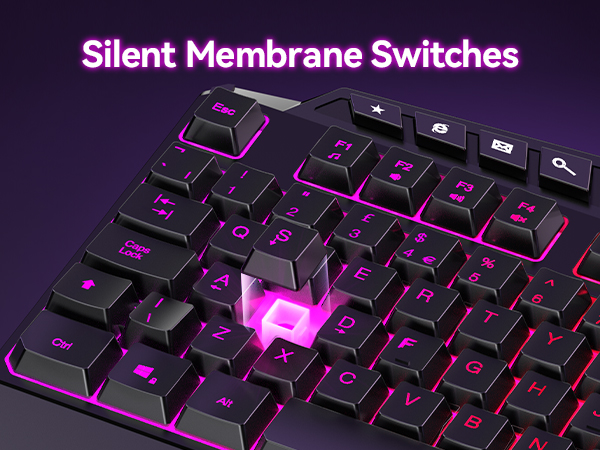 Text reads 'Silent Membrane Switches'. Close-up of gaming keyboard with purple LED backlight illumination showing mechanical keys.