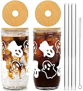 Halloween Cups, Ghost Decor 24oz Halloween Mug Mason Jar Glass Cups with Lids and Straws Ghost Tu...