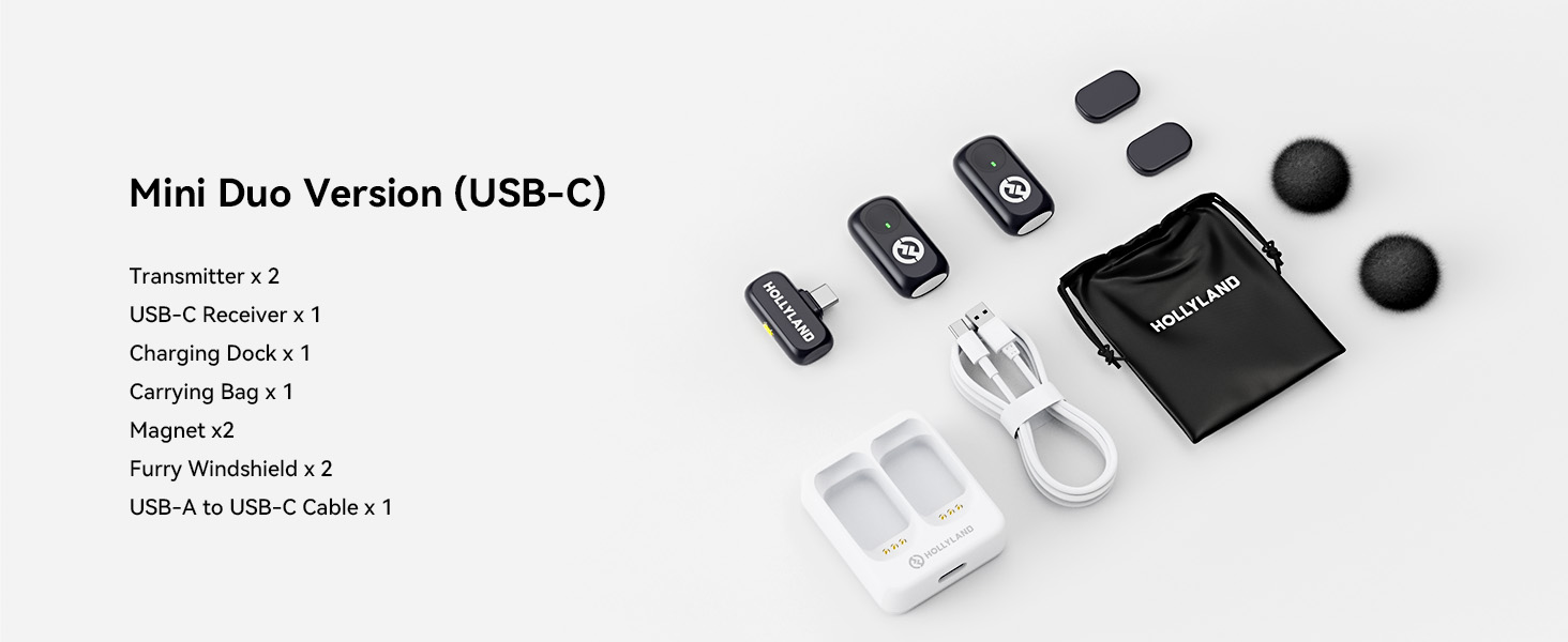 Text reads 'Mini Duo Version (USB-C)'. Multiple views of small electronic accessories including cables and connectors laid out on white background.