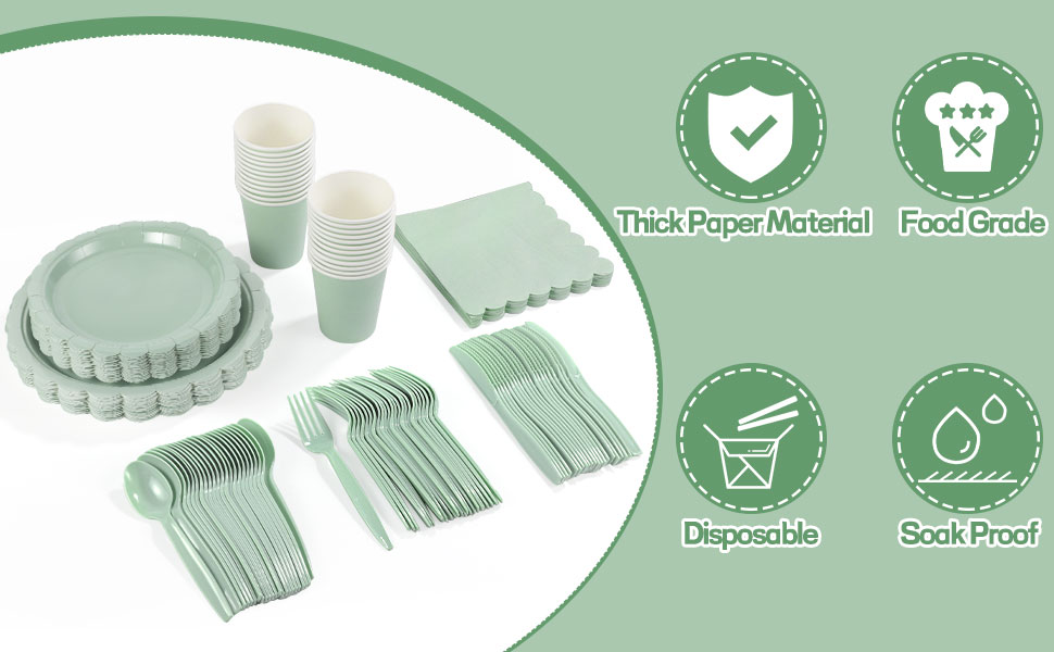 sage green napkins and plates