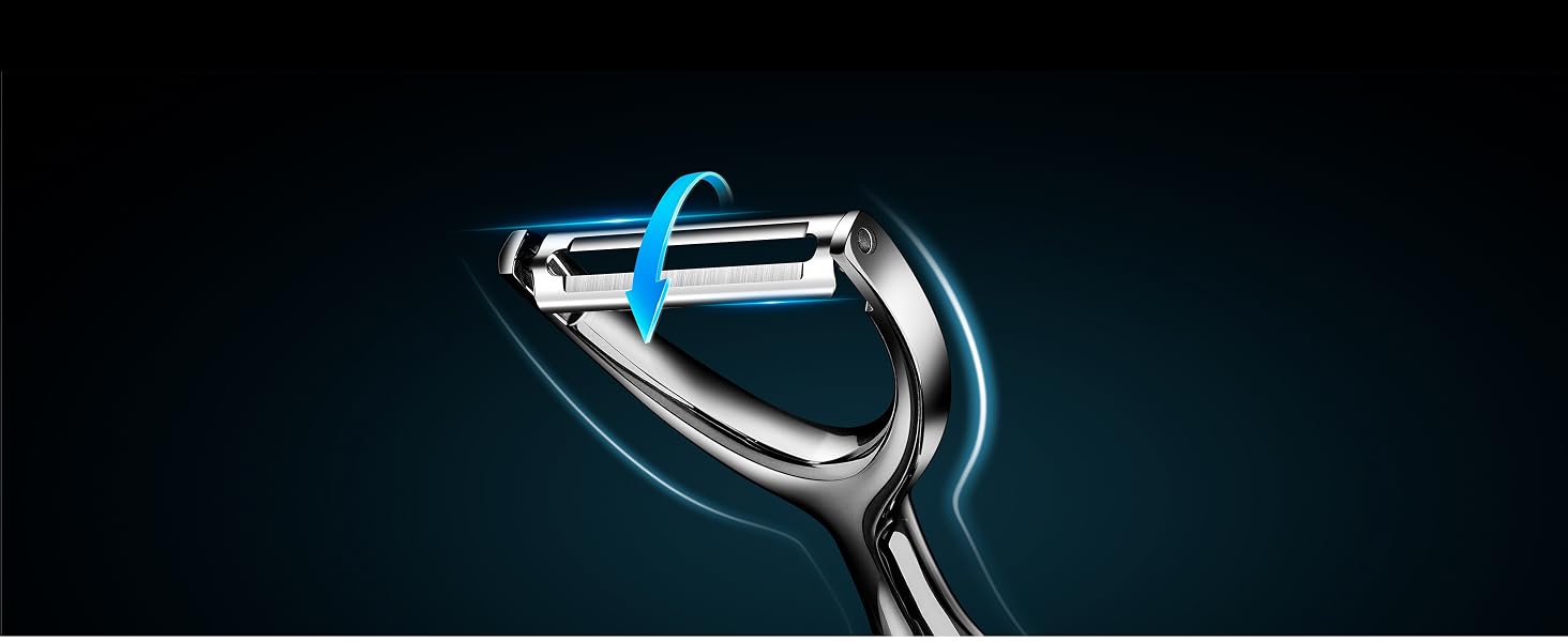 Potato peeler features sharp rotating blades for thin peels