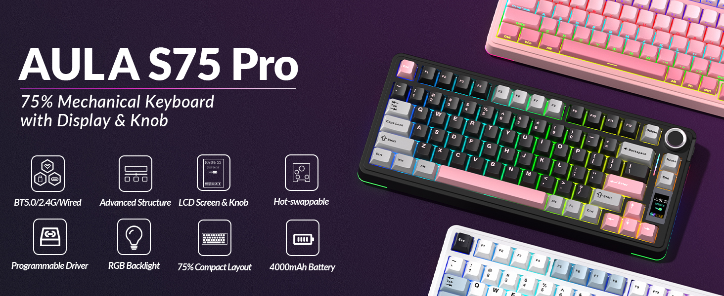 Text reads 'AULA S75 Pro 75% Mechanical Keyboard'. Marketing image showing RGB mechanical keyboard with multiple views and feature icons displayed on dark purple background.