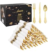 Liacere 400PCS Gold Plastic Silverware - Pre Rolled Napkins Disposable Gold Plastic Cutlery-Premi...