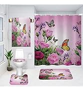 Mightree Bathroom Shower Curtains Sets 5 pcs, Waterproof Fabric Bathroom Curtain with 12 Hooks, T...