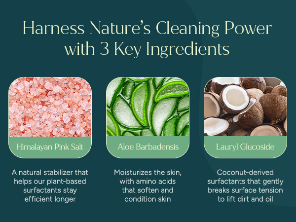 Natural dish soap with Pink Salt, Aloe, and Coconut surfactants to lift dirt and oil.