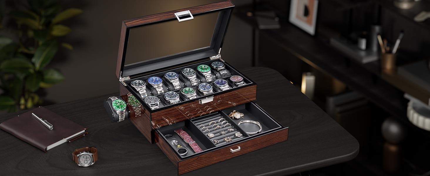 High-End Watch Box, 12-Slot Watch Case with Large Glass Lid, 2-Layer Wooden Watch Box for Men