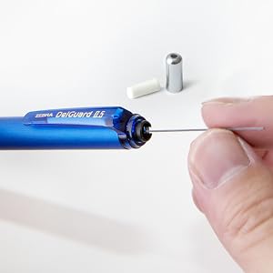delguard mechanical pencil,delguard lead refills and eraser refills close-up,easy refill replacement