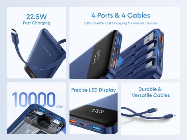 6 outputs 4 input 20W PD 22.5W fast charging with huge led display cable reinforced