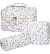 senbowe Floral Makeup Bag, 3 Pack Large Cotton Quilted Makeup Bag Set, Cute Floral Coquette Aesth...