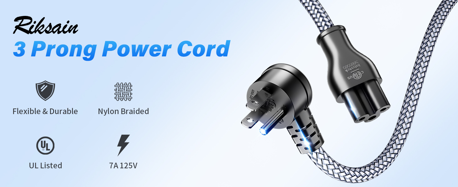 3 Prong AC Laptop Power Cord 90°Angled