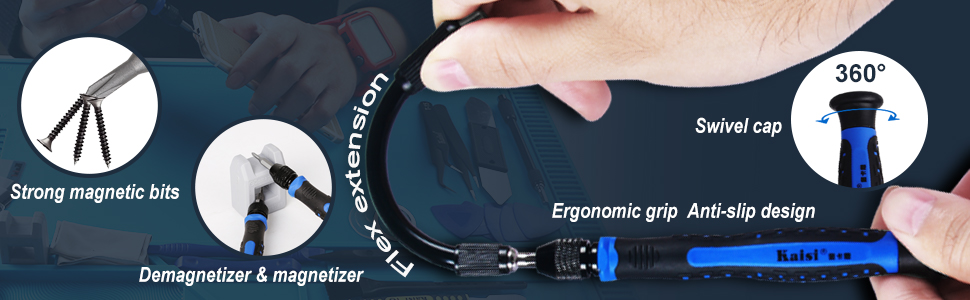 Ergonomic grip anti-slip design, swivel cap, magnetic bits, flex extension