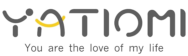 Stylized text logo 'YATIOMI' with curved and angular letters. Yellow dot above 'I'. Tagline below reads 'You are the love of my life'.