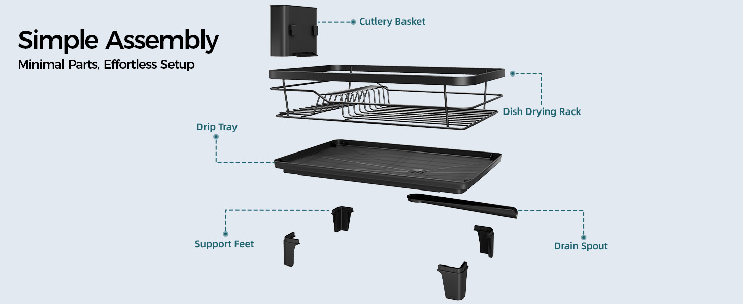 Text reads 'Simple Assembly' and 'Minimal Tools, Effortless Setup.' Exploded diagram showing component assembly of black metal shelf unit with labeled parts and tools on light background.