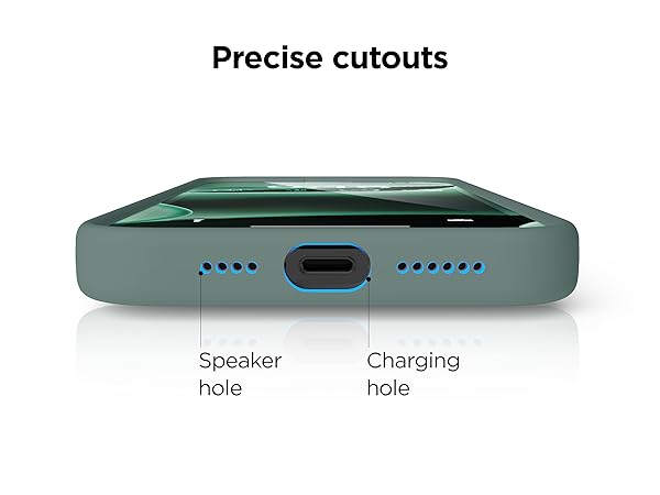 Close-up of a green smartphone case bottom edge, showing speaker holes and USB-C charging port. Labeled diagram indicating 'Speaker hole' and 'Charging hole'.