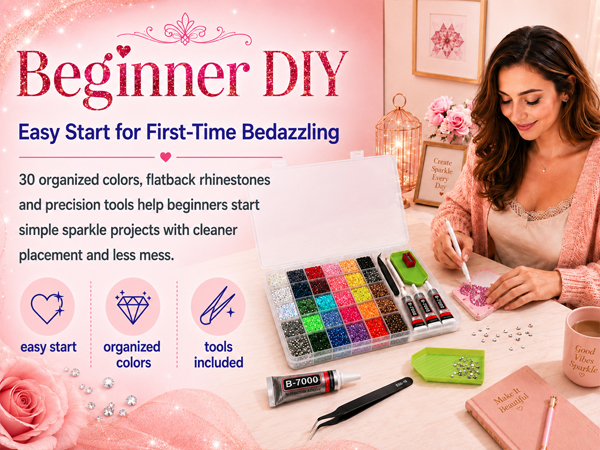 Beginner DIY bedazzling kit with 30 organized colors, flatback rhinestones