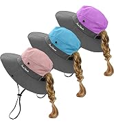 Kids Girls Ponytail Summer Sun Hat Wide Brim UV Protection Bucket Beach Cap…