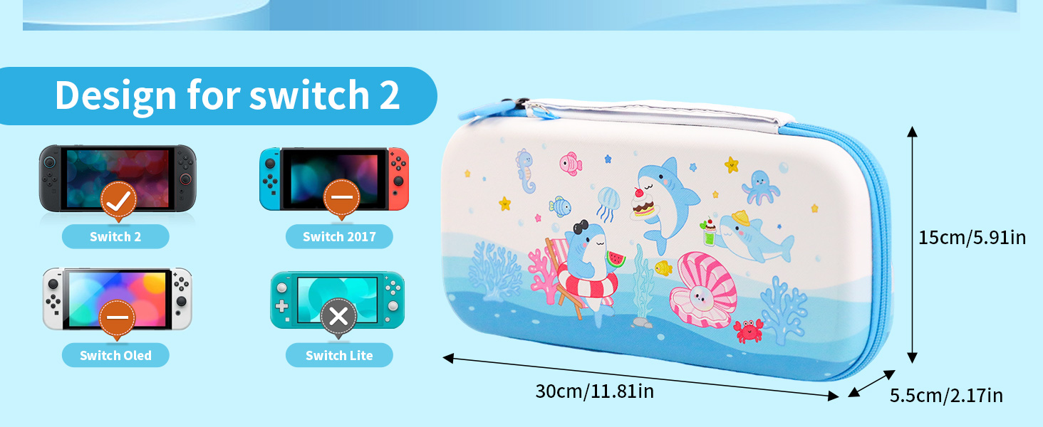 Cute Switch 2 Carrying Case, Kawaii Shark Travel Carry Case with Shoulder Strap