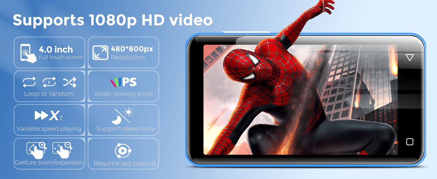 Technical specifications diagram showing 1080p HD video support with icons for various media features, alongside a tablet displaying a movie scene.