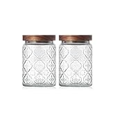 Vintage Glass Jars with Wood Lids - 2 PC 24 OZ Airtight Storage Canisters for Kitchen Pantry Bath...