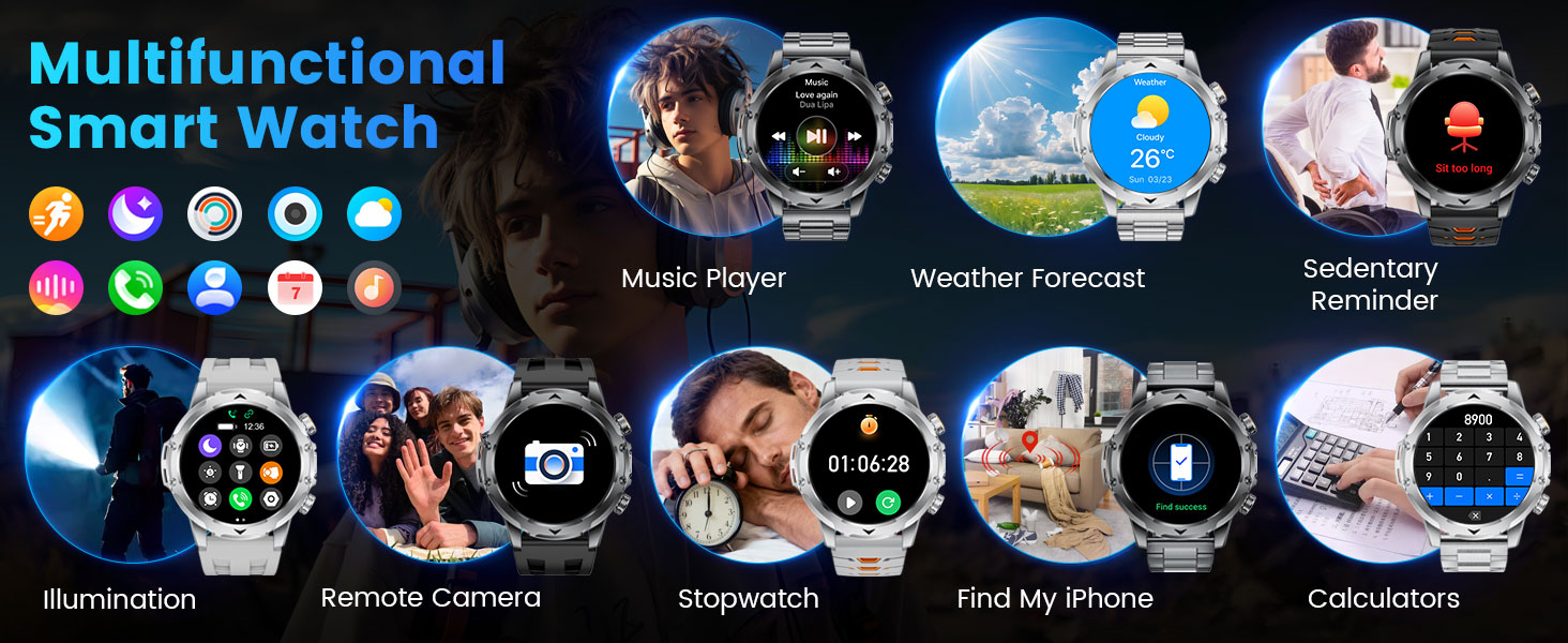 Text reads 'Multifunctional Smart Watch'. Series of interface screens showing various smartwatch functions including fitness tracking, notifications, and apps.